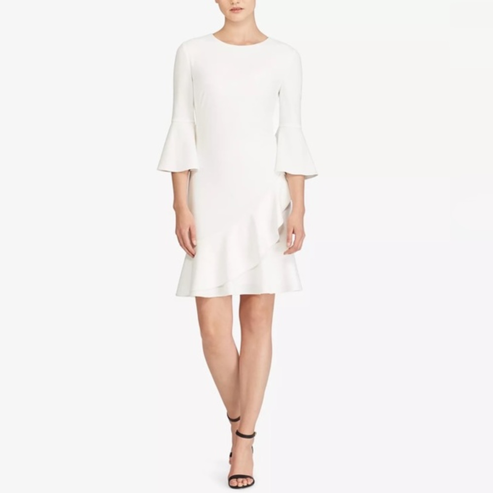 Ralph Lauren off white ivory ruffle sleeve hem stretch crepe dress 16 C.C10